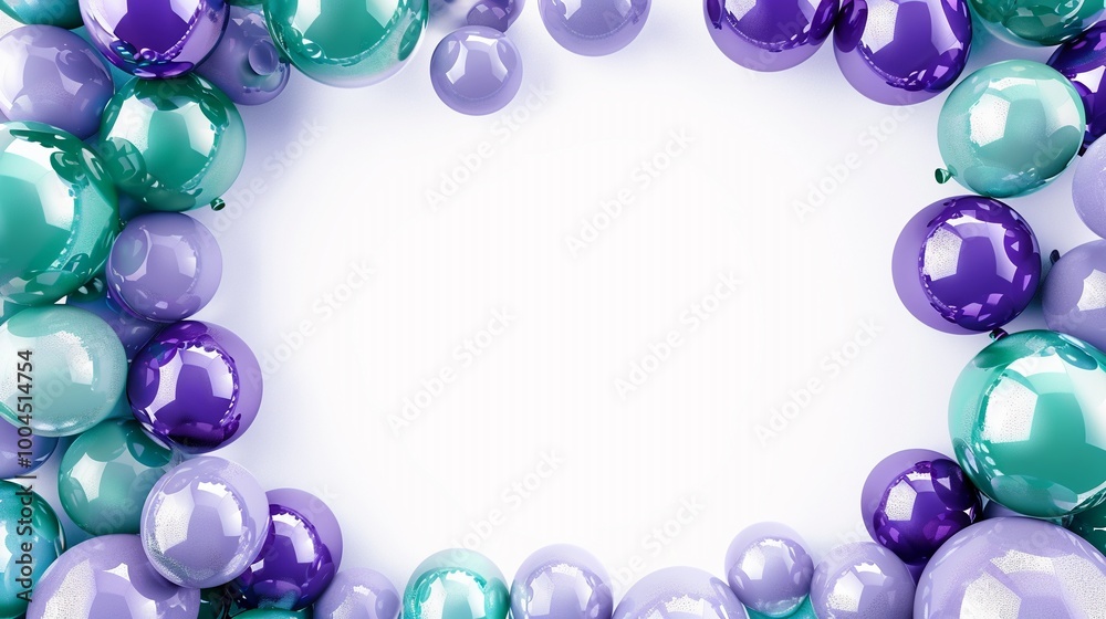 A colorful arrangement of purple and green balloons forming a border on a white background, perfect for party invitations, celebrations, and festive decorations A colorful arrangement of purple and green balloons forming a border on a white background, perfect for party invitations, celebrations, and festive decorations