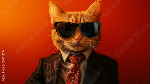 A cat wearing sunglasses and a suit with a tie. Generative AI image
