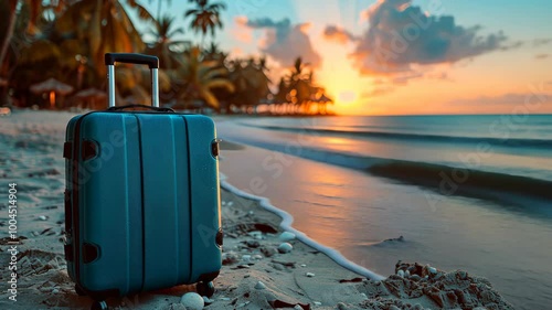 Relax by the shoreline as the sun sets, illuminating the sky and creating a tranquil atmosphere with a suitcase nearby