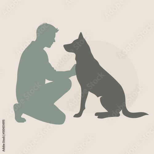 a black silhouette of a man kneeling down and petting a dog. The man is facing the dog and appears to be in a loving embrace