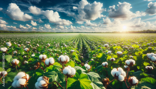 beautiful green cotton plant field with white cotton stalk for agriculture, farming, textile related concept photo