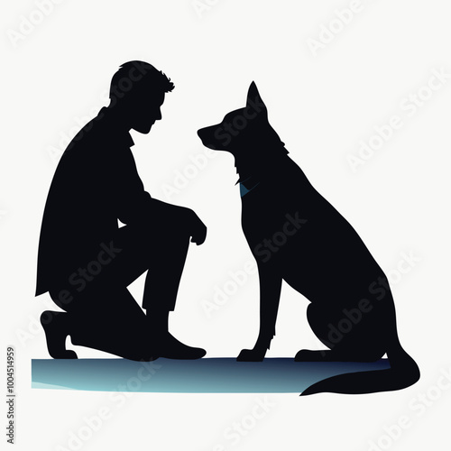 a black silhouette of a man kneeling down and petting a dog. The man is facing the dog and appears to be in a loving embrace