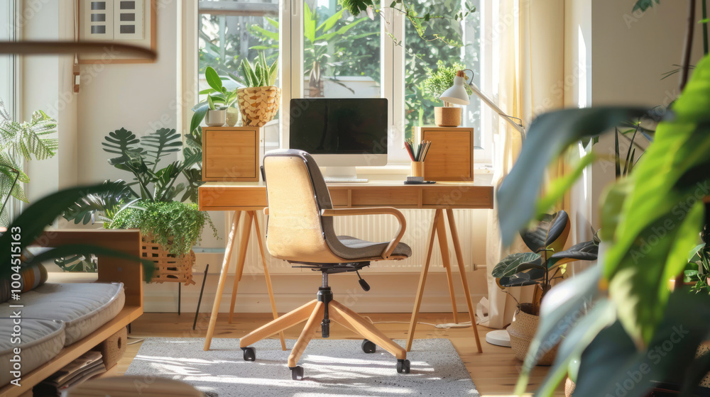 Fototapeta premium A modern, eco-friendly home office featuring bamboo furniture, natural textiles, and energy-efficient tech tools for remote work.