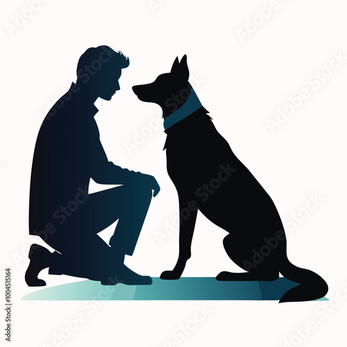 a black silhouette of a man kneeling down and petting a dog. The man is facing the dog and appears to be in a loving embrace