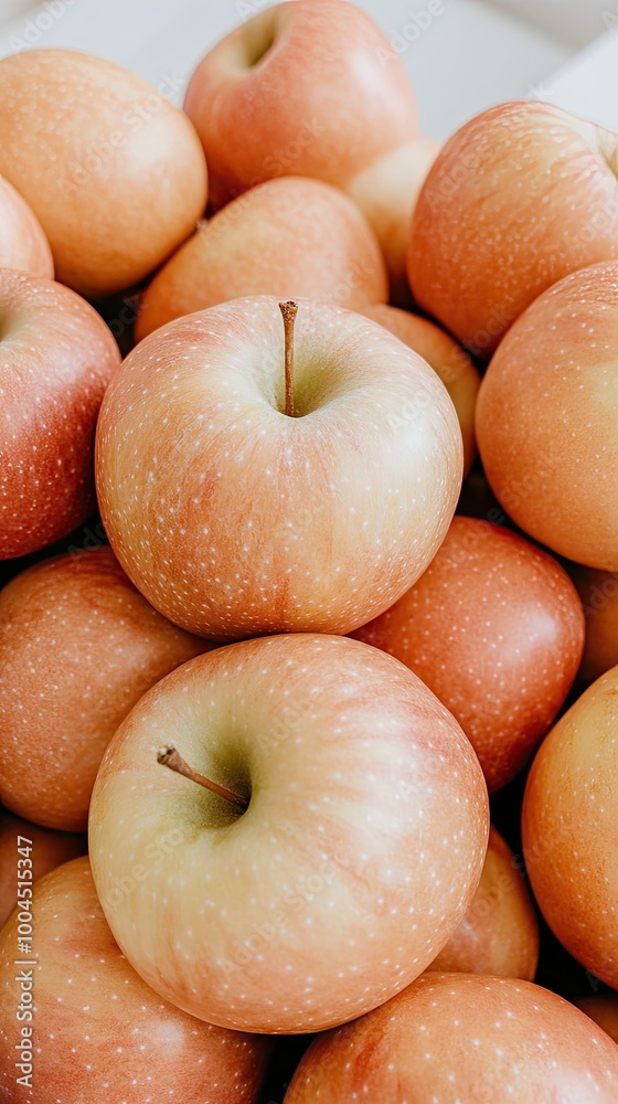 A variety of fresh apples are displayed in a repeating pattern, surrounded by green leaves, highlighting their shiny skin and natural beauty in a highly detailed arrangement A variety of fresh apples are displayed in a repeating pattern, surrounded by green leaves, highlighting their shiny skin and natural beauty in a highly detailed arrangement