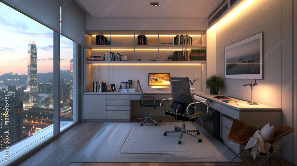 A modern home office design with minimalist furniture, integrated tech, and plenty of natural light to enhance productivity. A modern home office design with minimalist furniture, integrated tech, and plenty of natural light to enhance productivity.