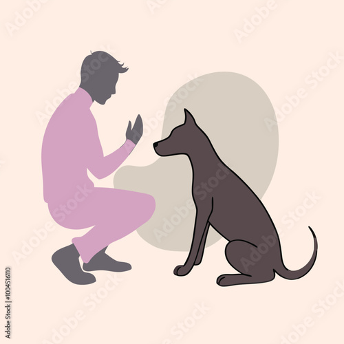 a man kneeling down and petting a dog, silhouette vector illustration, 