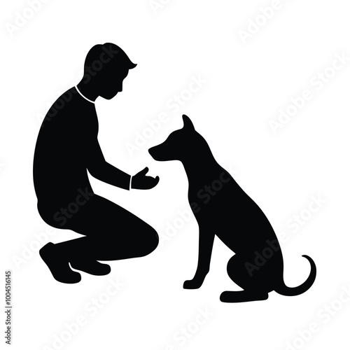 a man kneeling down and petting a dog, silhouette vector illustration, 