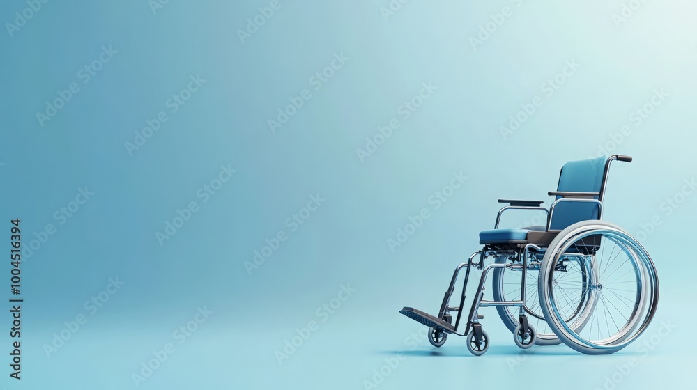 Fototapeta premium Blue Manual Wheelchair on Light Blue Background: Emphasizing Accessibility and Healthcare Support for Mobility.