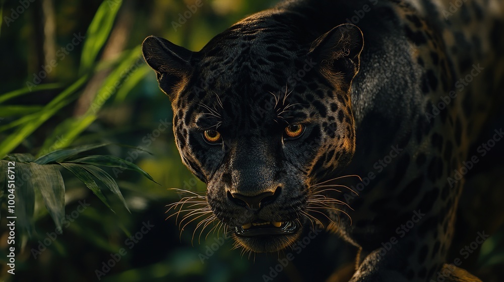 A close-up of a jaguar in a lush environment.
