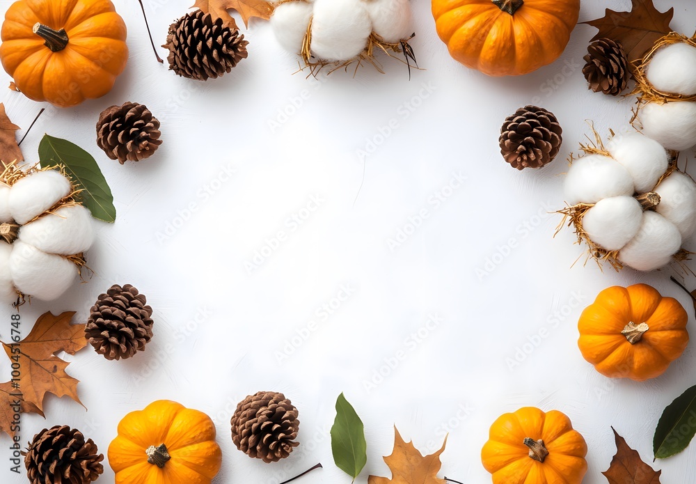 Obraz premium Autumn Flat Lay with Pumpkins, Cotton, and Pine Cones