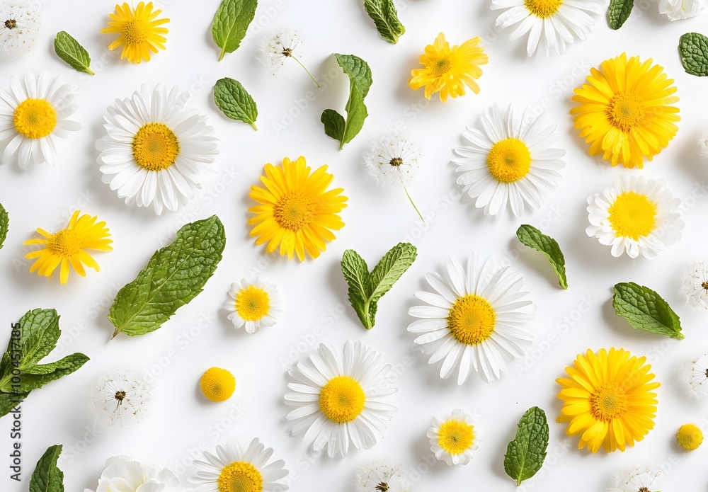 Obraz premium White Background With Yellow & White Daisies