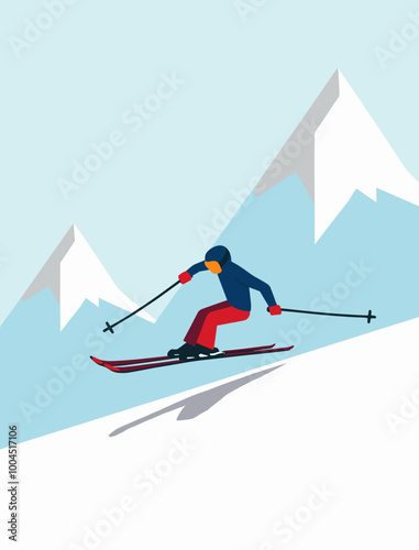 Stylized skier performing a jump in snowy mountains with a clean, modern design