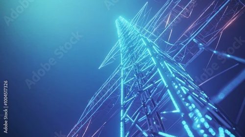 Digital Power Lines on Blue Background with Glowing Energy Effects: A Futuristic Vision of Energy Transmission and Technology Integration.