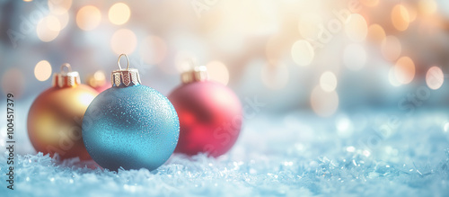 Festive Christmas Ornaments on Snowy Background