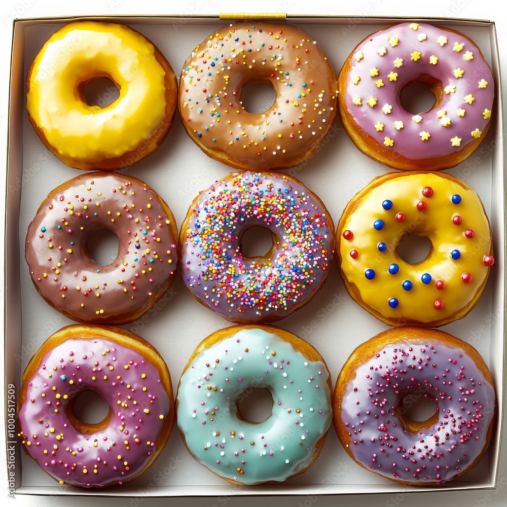 A Box of Nine Glazed Donuts with Sprinkles and Stars, donuts, bakery A Box of Nine Glazed Donuts with Sprinkles and Stars, donuts, bakery