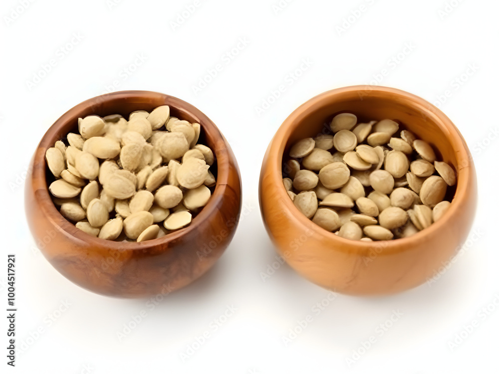 Bundle of two wooden bowls filled with sunflower seeds, side and top view, isolated on a white background_00001_ Bundle of two wooden bowls filled with sunflower seeds, side and top view, isolated on a white background_00001_