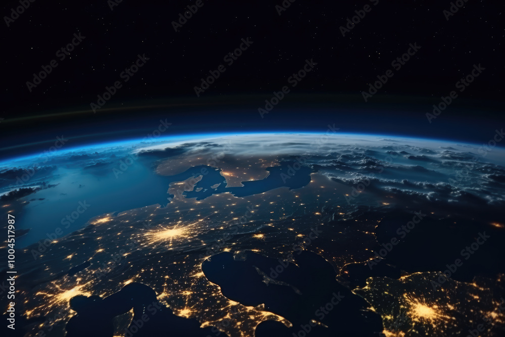 generated illustration of night view of Earth from space with city lights glowing. generated illustration of night view of Earth from space with city lights glowing.