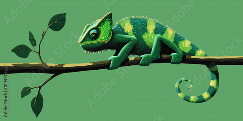 Chameleon grasping a branch with its prehensile tail wrapped around it, animal illustration photo