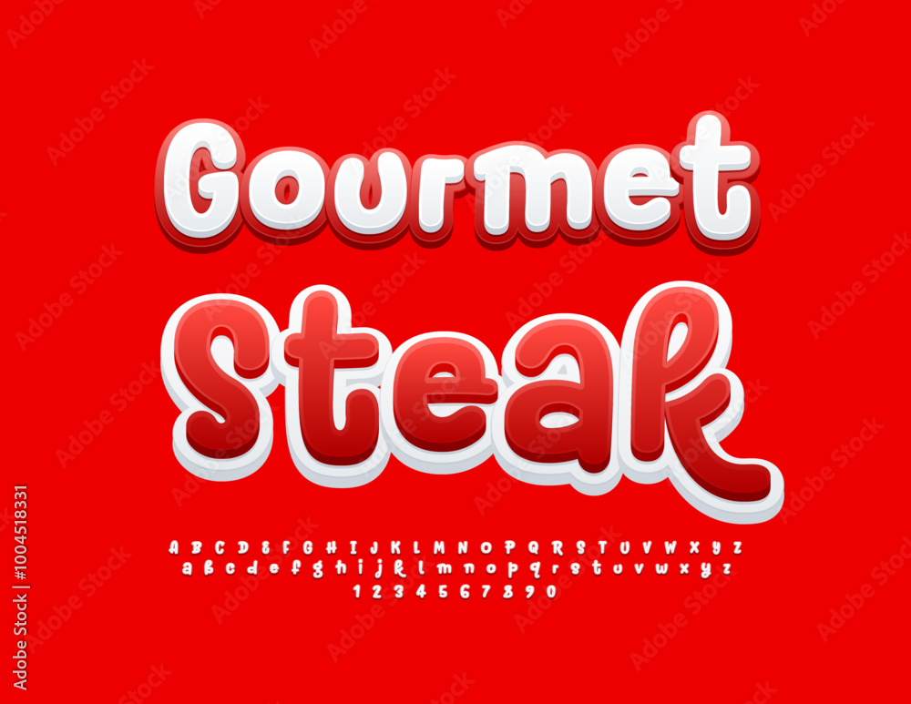 Vector foodie advertisement Gourmet Steak with artistic bright Font. Creative Red and White Alphabet Letters and Numbers set Vector foodie advertisement Gourmet Steak with artistic bright Font. Creative Red and White Alphabet Letters and Numbers set