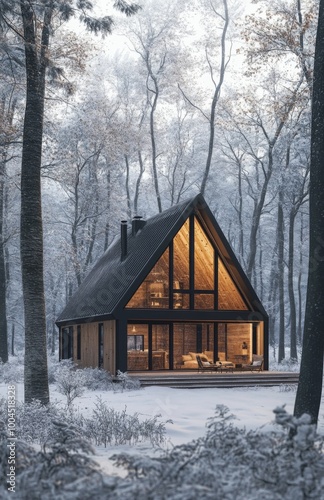 A contemporary A-frame cabin in the woods, surrounded by pine trees in winter