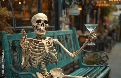 A skeleton sitting on a green bench, holding a martini glass, waving to camera photo