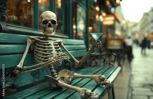 A skeleton sitting on a green bench, holding a martini glass, waving to camera