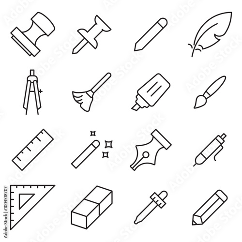 Drawing tools flat line icons set. Pen, pencil, paintbrush, dropper, stamp, smudge, paint bucket, vector illustrations. Outline minimal signs for web interface