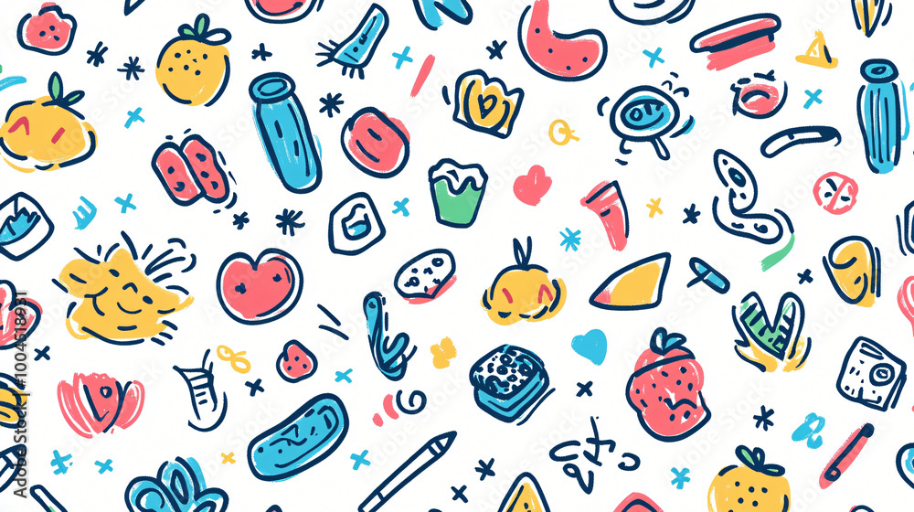 A playful crayon drawing style pattern with colorful doodles. A playful crayon drawing style pattern with colorful doodles.