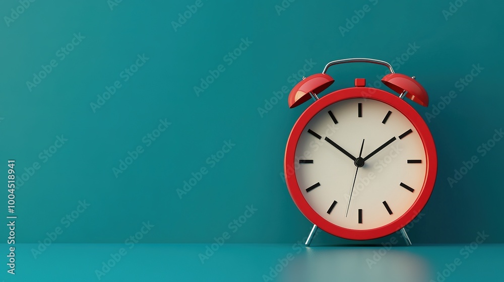 Classic Red Alarm Clock on Teal Background Classic Red Alarm Clock on Teal Background