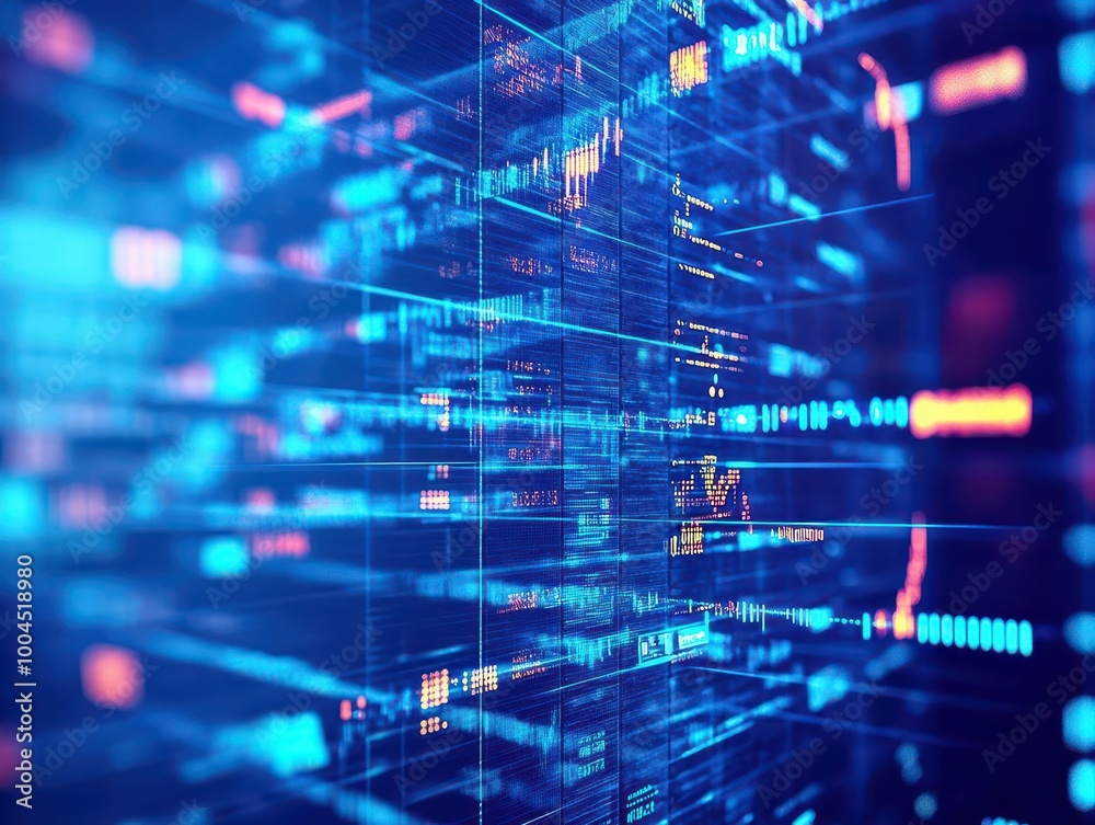 Dark blue virtual stock market interface, data streams, futuristic design Dark blue virtual stock market interface, data streams, futuristic design