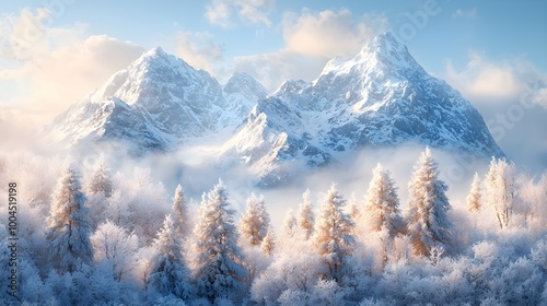 Majestic snowy mountains rising above a tranquil winter forest landscape. Generative AI