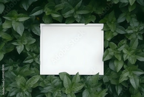 White Frame on Lush Green Leaves Background