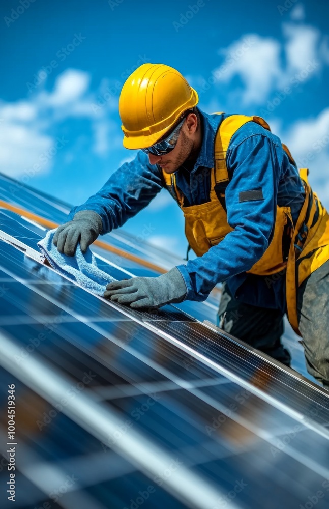 Industrial engineer in uniform and helmet cleaning solar panels on factory roof under bright sky Industrial engineer in uniform and helmet cleaning solar panels on factory roof under bright sky