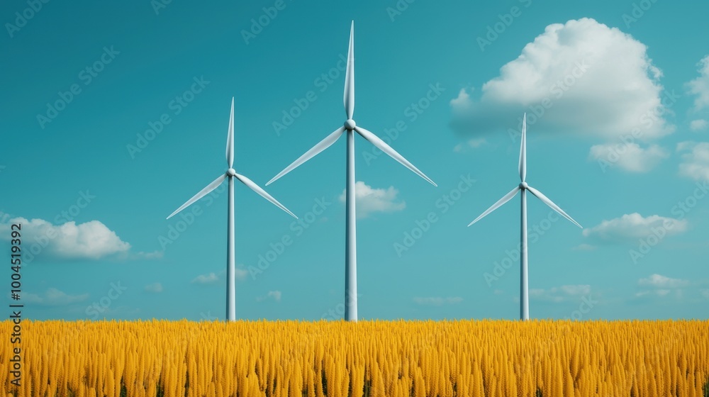 Wind Turbines on Yellow Field Under Blue Sky