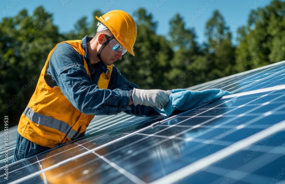 Industrial engineer in uniform and helmet cleaning solar panels on factory roof under bright sky Industrial engineer in uniform and helmet cleaning solar panels on factory roof under bright sky