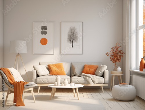 Scandinavian minimalist interior in light color with orange and black accents. Room decorated for halloween. White walls and orange interior with pumpkin accent.