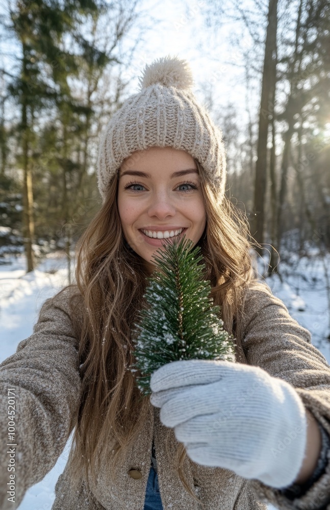 Happy woman takes a selfie with a small Christmas tree in a snowy winter forest