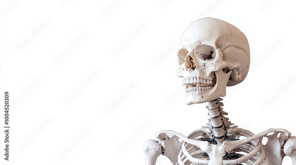 A human skeleton with a skull looking off to the side with a slight smile. A human skeleton with a skull looking off to the side with a slight smile.