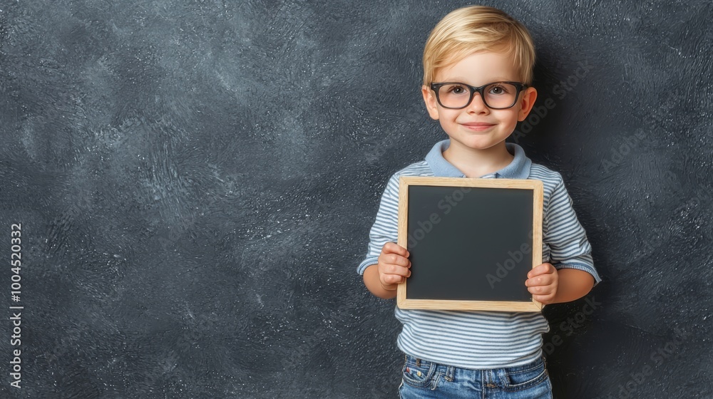 A young child stands confidently in front of a small chalkboard, pretending to teach a lesson, symbolizing the curiosity and imagination of childhood.