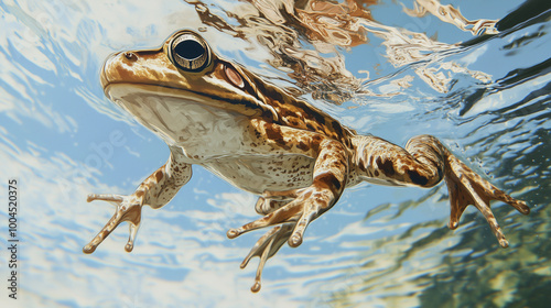 Frog swimming at the surface of still water, limbs outstretched, animal illustration photo