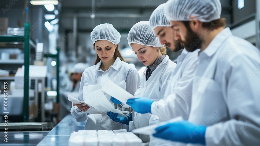 Team of food production workers inspecting packaging in a quality control area during daytime Team of food production workers inspecting packaging in a quality control area during daytime