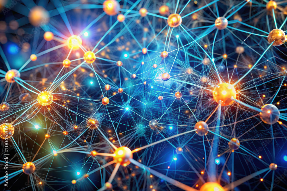 Vibrant connections of energy depicted in a cosmic network of glowing particles and luminous strands, illustrating scientific wonder. Generative AI