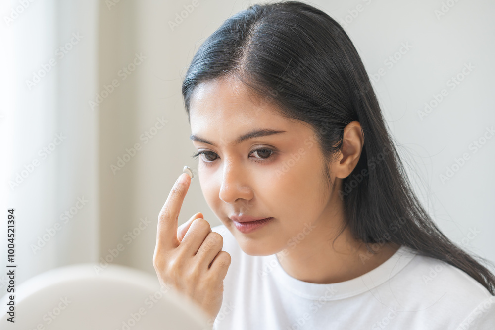 Ophthalmology care, eye sight, vision concept. Asian young woman, female hand holding and putting, wearing soft contact lenses with finger on face, girl looking in mirror at home. Medicine and health. Ophthalmology care, eye sight, vision concept. Asian young woman, female hand holding and putting, wearing soft contact lenses with finger on face, girl looking in mirror at home. Medicine and health.
