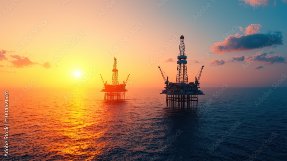 Oil Rigs at Sunset over Calm Ocean Waters Oil Rigs at Sunset over Calm Ocean Waters