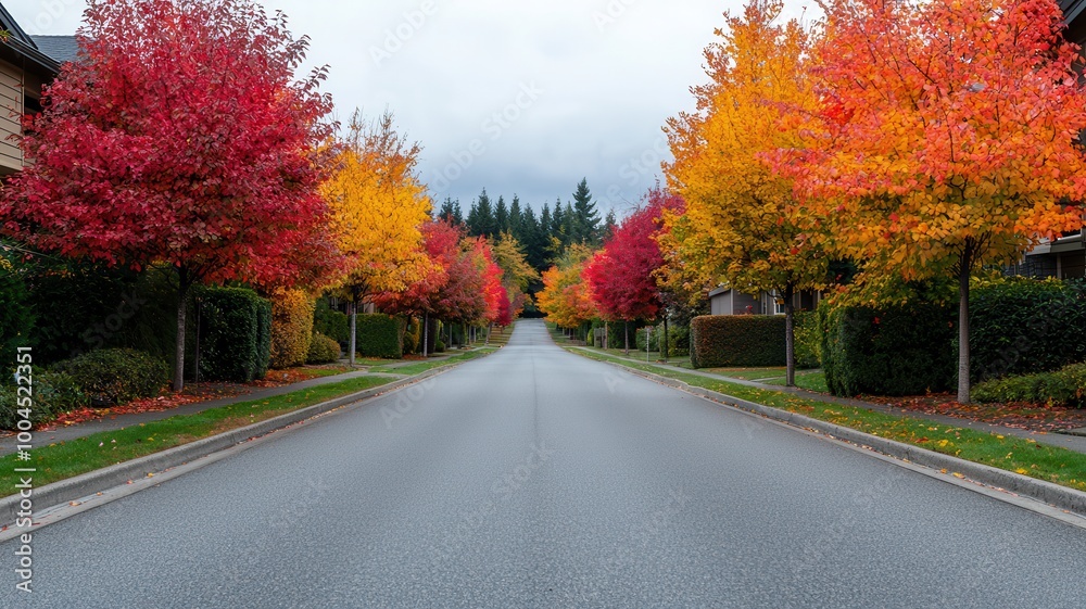 A serene street lined with vibrant autumn trees showcasing red, orange, and yellow leaves under a cloudy sky. A serene street lined with vibrant autumn trees showcasing red, orange, and yellow leaves under a cloudy sky.