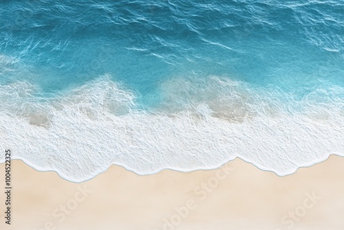 Minimalistic aerial view of a serene beach and ocean waves.