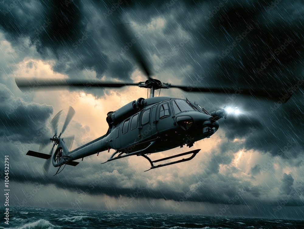 Dynamic Military Helicopter Conquering Stormy Skies - Dramatic Action Scene with Dark Clouds and Ocean Views Dynamic Military Helicopter Conquering Stormy Skies - Dramatic Action Scene with Dark Clouds and Ocean Views