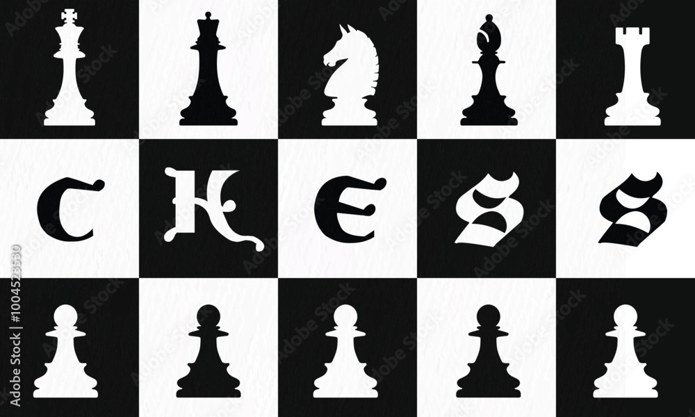 A stylized chessboard featuring black and white chess pieces, with artistic lettering spelling A stylized chessboard featuring black and white chess pieces, with artistic lettering spelling