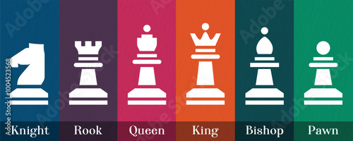 Colorful stylized silhouettes of chess pieces, including Knight, Bishop, King, Queen, 
Rook, and Pawn, arranged in a row